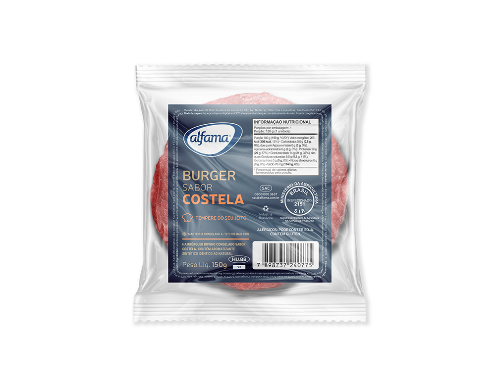 HAMBÚRGUER MÉDIO DE CARNE BOVINA COSTELA ALFAMA 150 G (CX 24 UN)